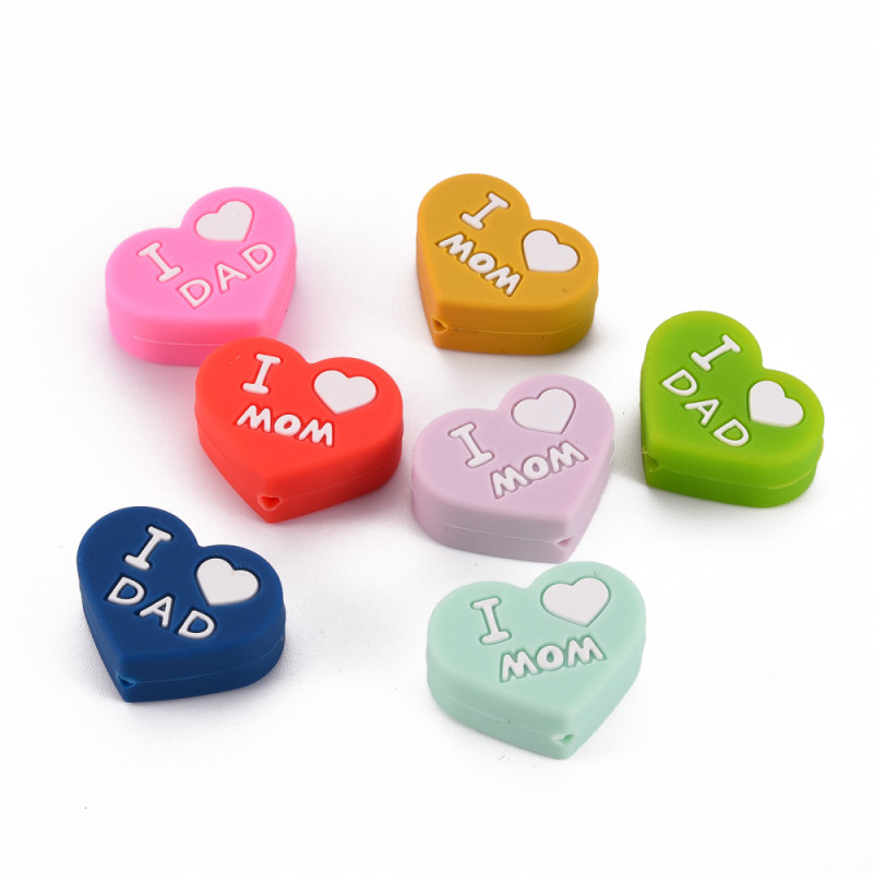 Perle en silicone COEUR "I love Mom/Dad" 20x25mm - coloris et motifs au choix X1