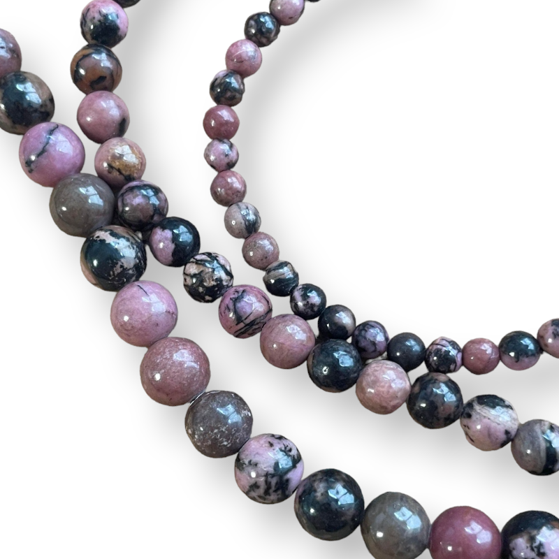 Fil de rhodonite foncée 40cm - Perles rondes déclinées en 4mm, 6mm et 8mm x1