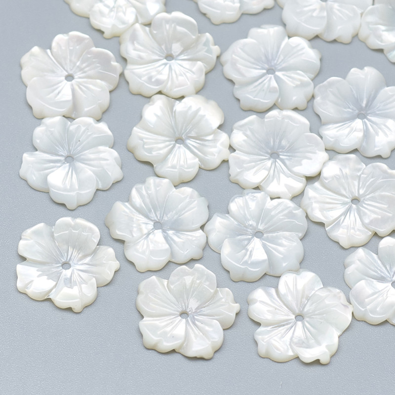 Perles de Coquillage Blanc Naturel - Nacre Forme Fleur, 13.5x14x2mm, Trou 0.8mm x1