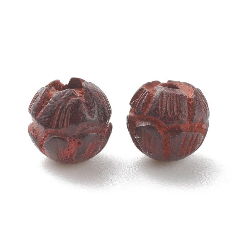 Perles de Padouk Africain, Rondes avec Fleur de Lotus Gravée au Laser, Marron, 8x8mm, Trou 1.5mm x1