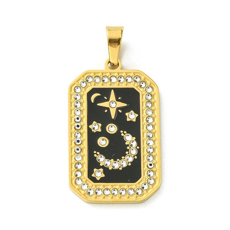 Pendentifs en acier inoxydable 304 finition or 18K avec émail et strass, rectangle, noir, 32x19.5x2 mm