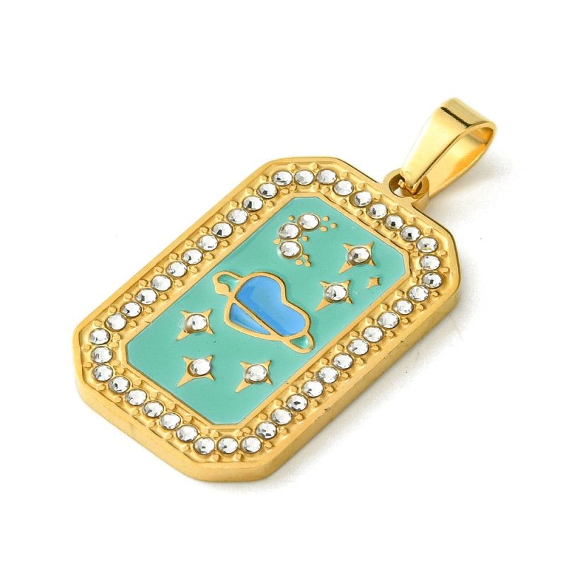 Pendentifs en acier inoxydable 304 finition or 18K avec émail et strass, rectangle, turquoise, 32x19.5x2 mm