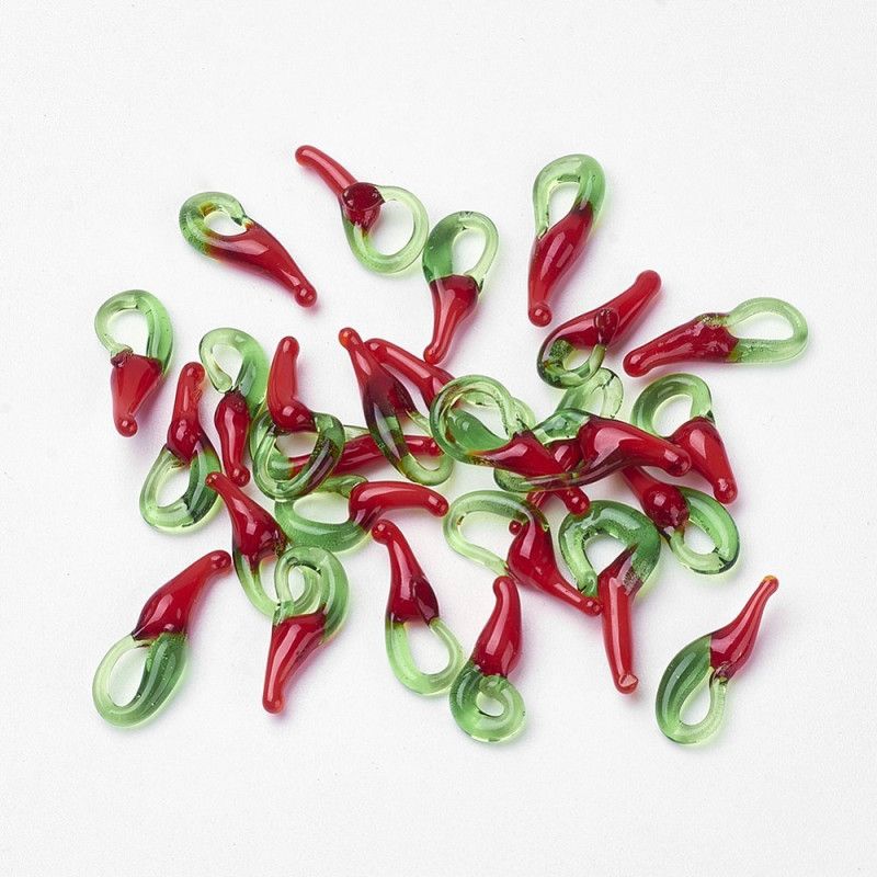 Pendentifs en verre faits main, Piment rouge et vert, 14~17x6x4mm x1