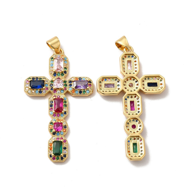 Pendentif Croix Religieuse en Zircone Cubique - Dorée à l'or fin 18K - Sans Plomb ni Cadmium, 41x23.5mm x1