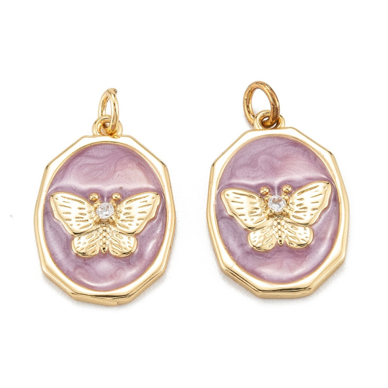 Pendentif ovale émaillé violet motif Papillon - en Laiton Doré à l'or fin 18K, 18x12mm x1