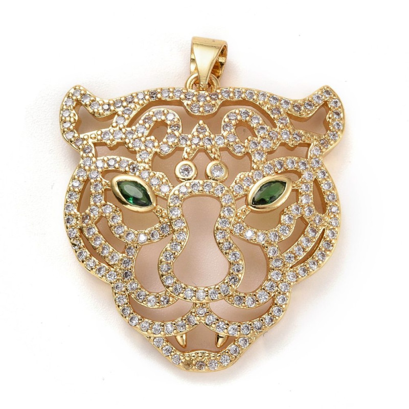 Pendentif Tête de Tigre en Laiton, Zircon Cubique Clair et Vert - Doré à l'Or fin 18K, 28.5x27mm x1