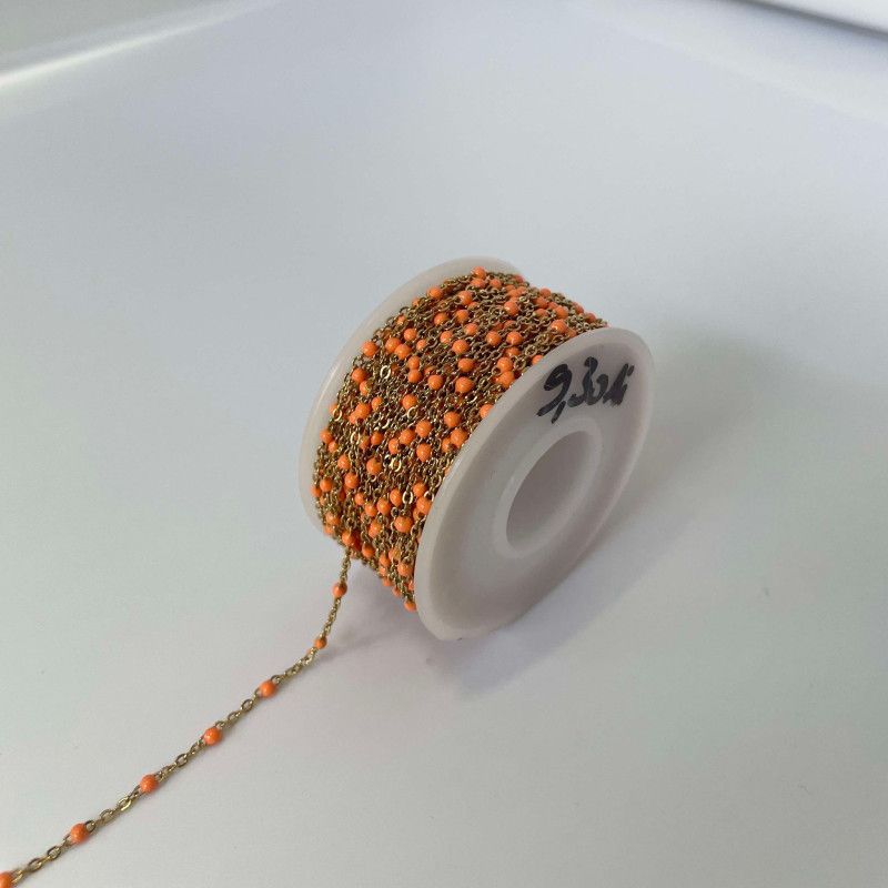 Chaîne en acier inoxydable doré - Maille ronde 1mm et boules émaillées orange 3mm - Bobine de 10m